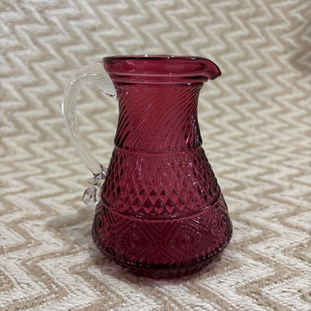 Vintage Pilgrim Cranberry Small Glass Pitcher Swirl & Waffle Pattern MCM
